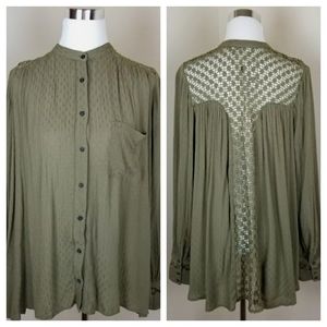 Free People Green "The Best Button Front" Open Back Top